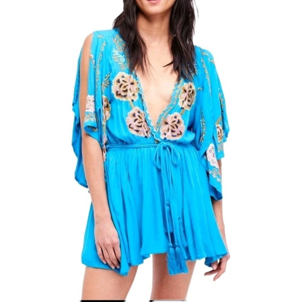 Free People Sz L Turquoise Blue Cora Embroidered Tie Waist Boho Mini Fairy Dress